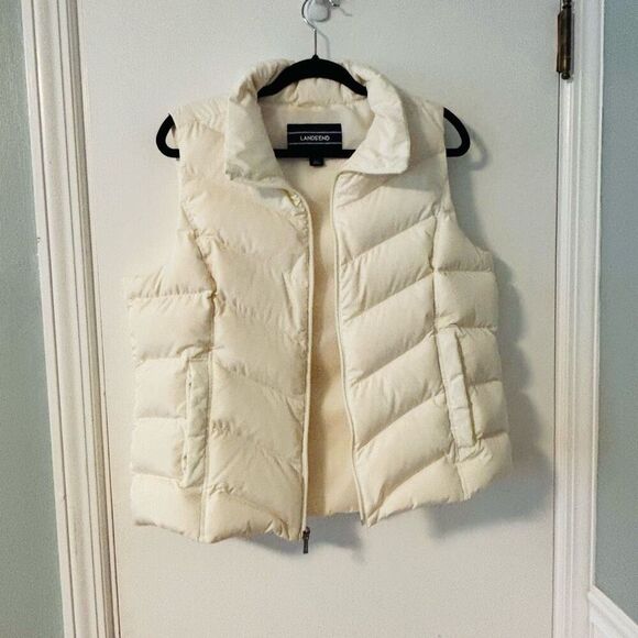 Lands End cream color down puffer vest snap pockets size Large - Picture 3 of 8